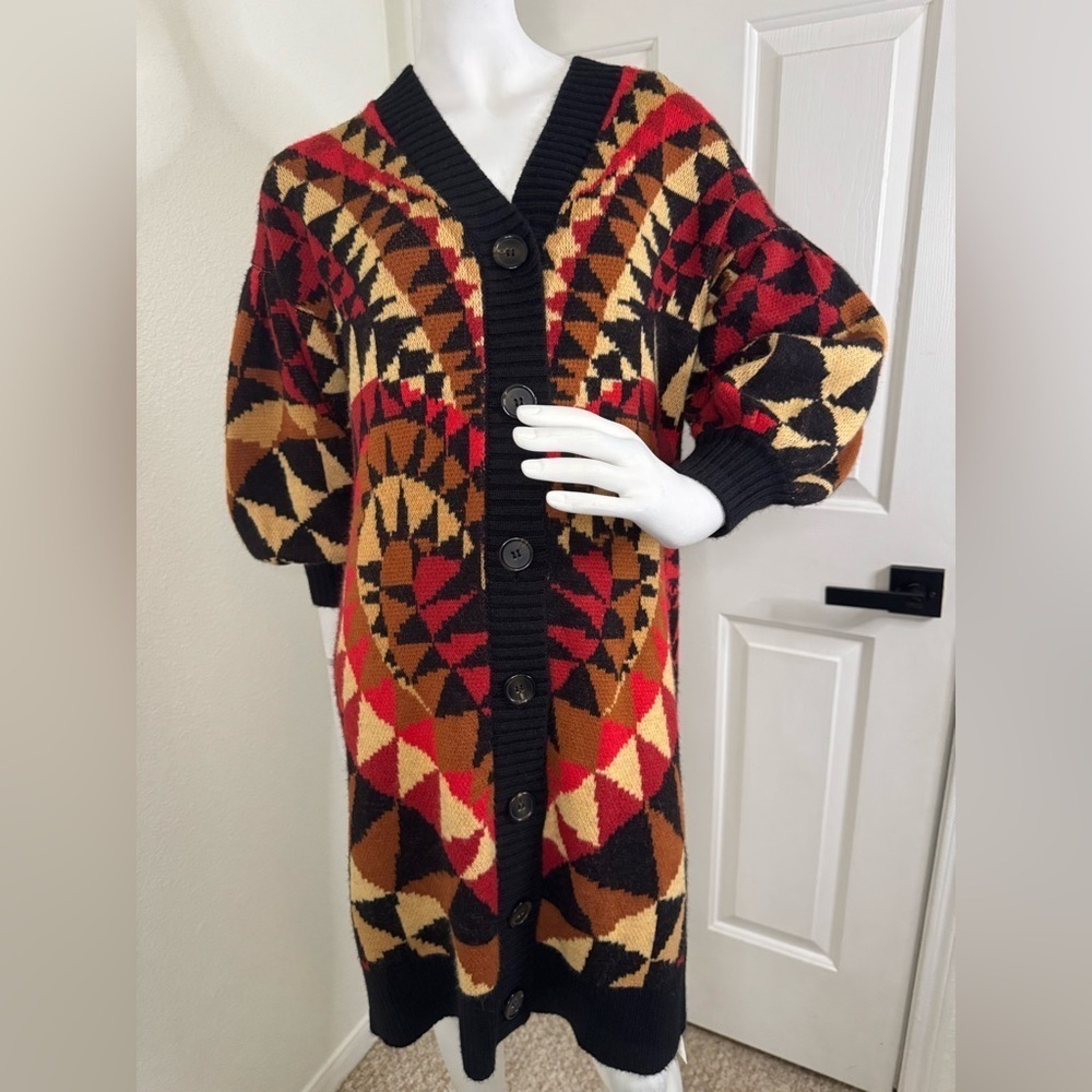 Farm Rio Geometric Patterned Cardigan Sweater - Black, Red, Brown